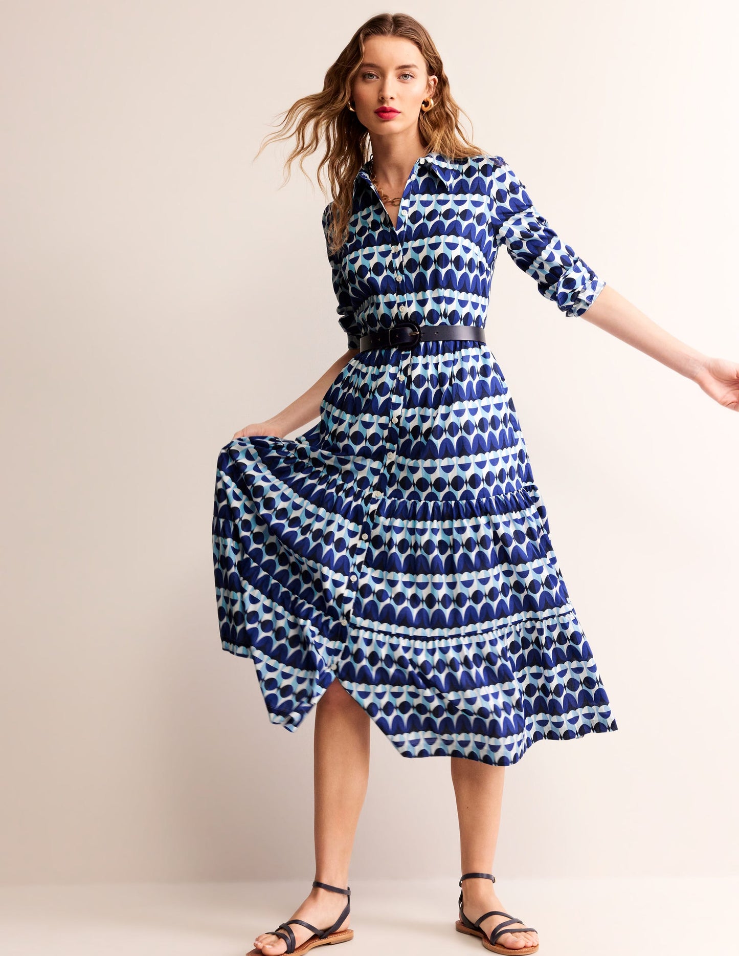 Flo Cotton Midi Shirt Dress-Blue, Abstract Illusion