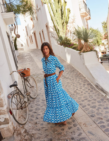 Flo Cotton Midi Shirt Dress-Indigo Bunting, Floral Tile