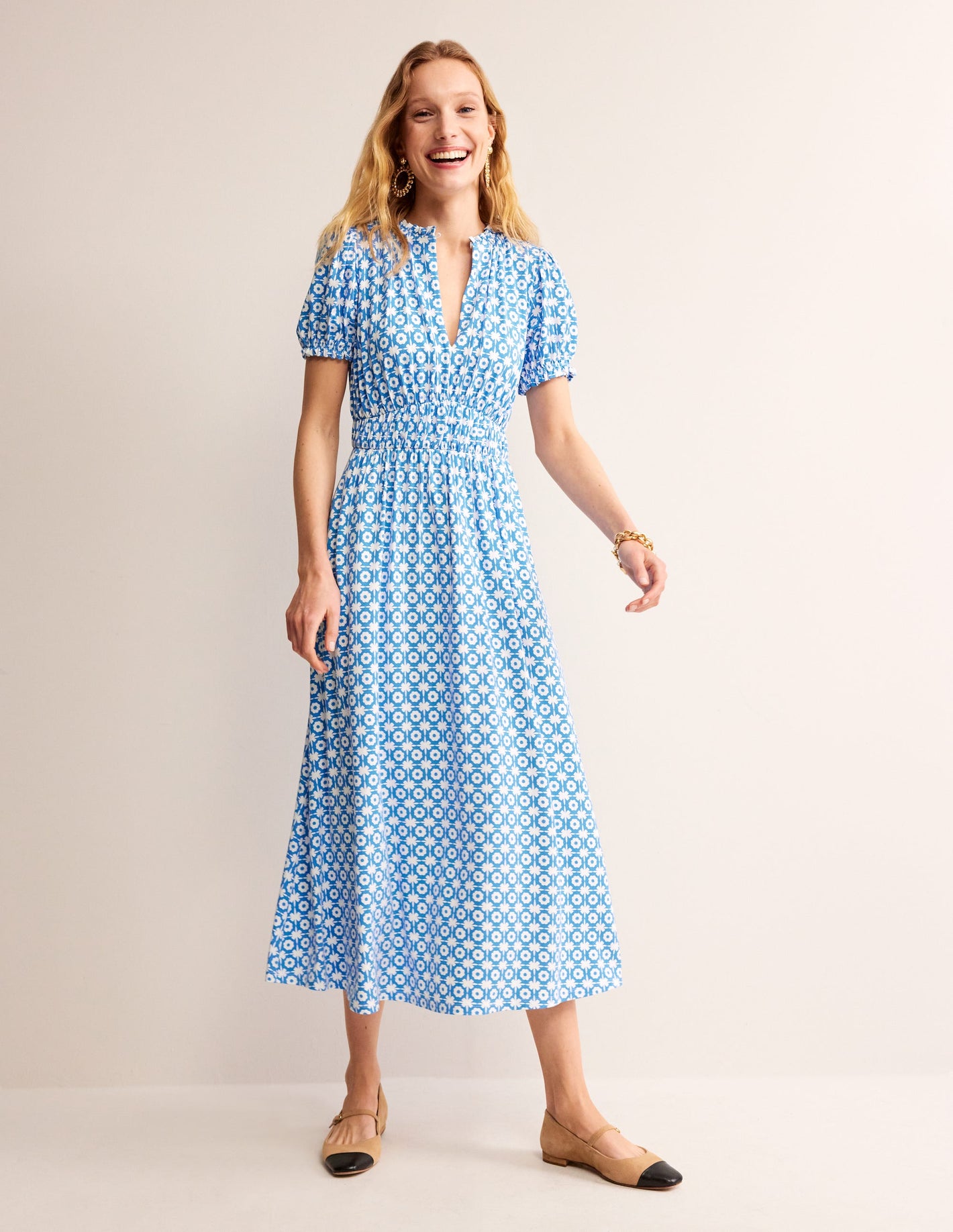 Rosanna Jersey Midi Tea Dress-Brilliant Blue, Blossom Tile