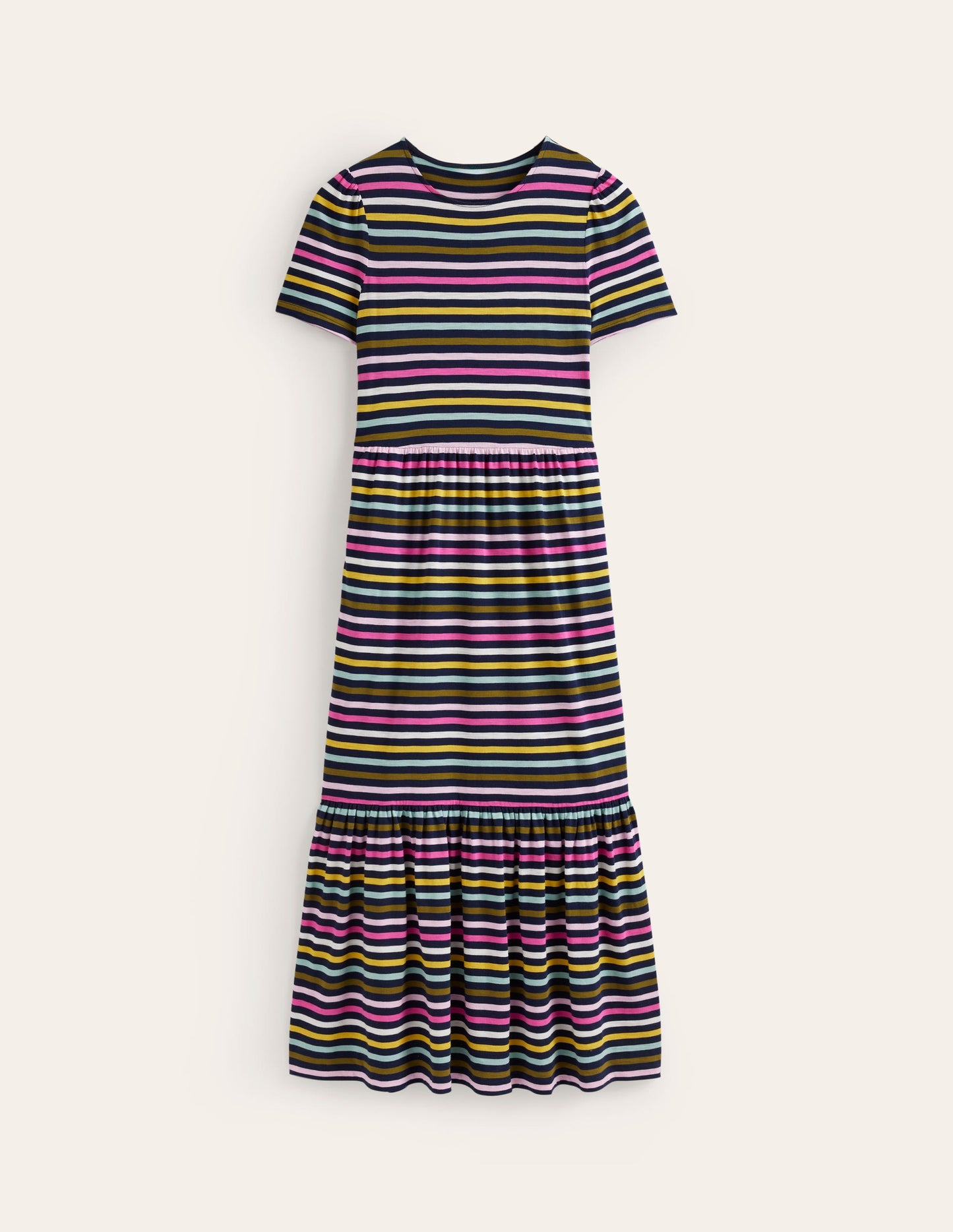 Emma Tiered Jersey Midi Dress-Navy, Yellow Multistripe