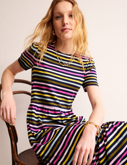 Emma Tiered Jersey Midi Dress-Navy, Yellow Multistripe