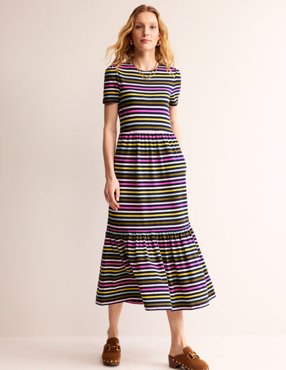 Emma Tiered Jersey Midi Dress-Navy, Yellow Multistripe