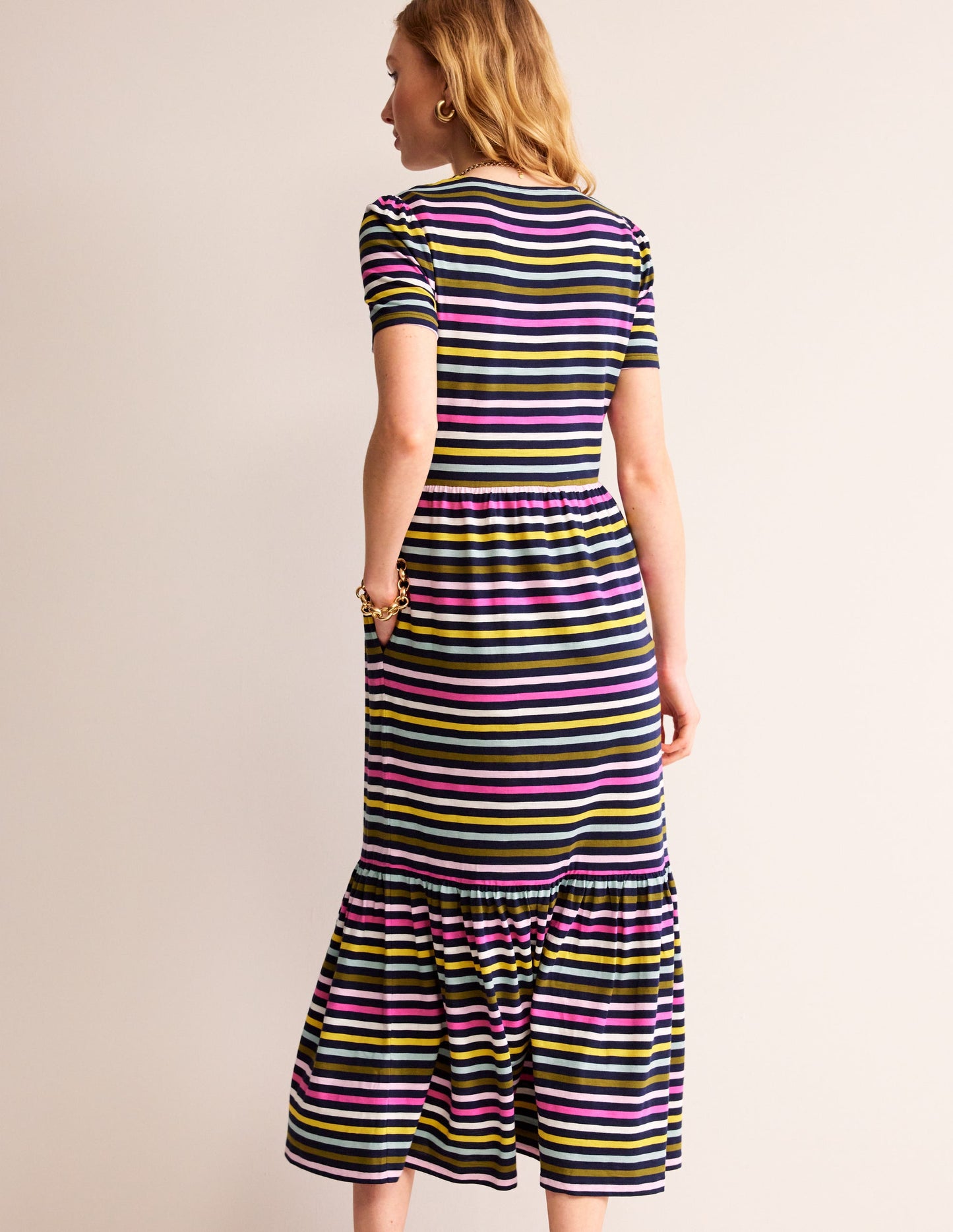 Emma Tiered Jersey Midi Dress-Navy, Yellow Multistripe