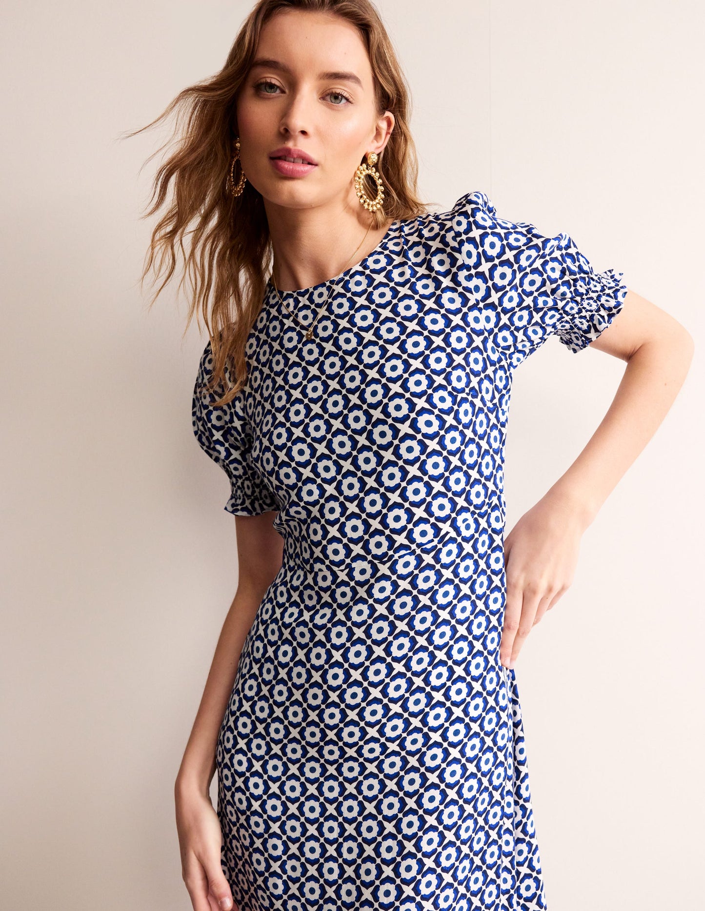 Corinne Midi Tea Dress-French Navy, Geo Pome