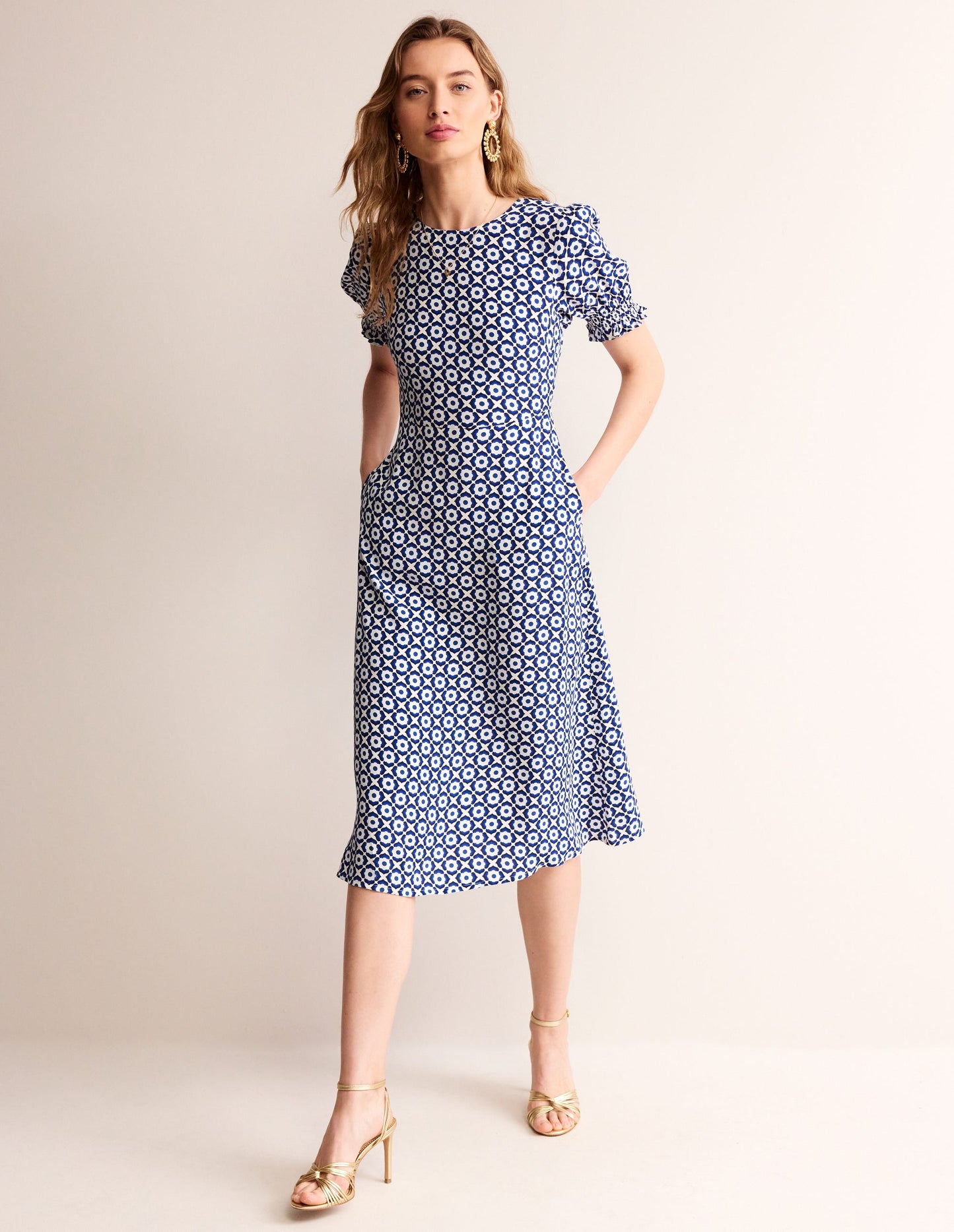 Corinne Midi Tea Dress-French Navy, Geo Pome