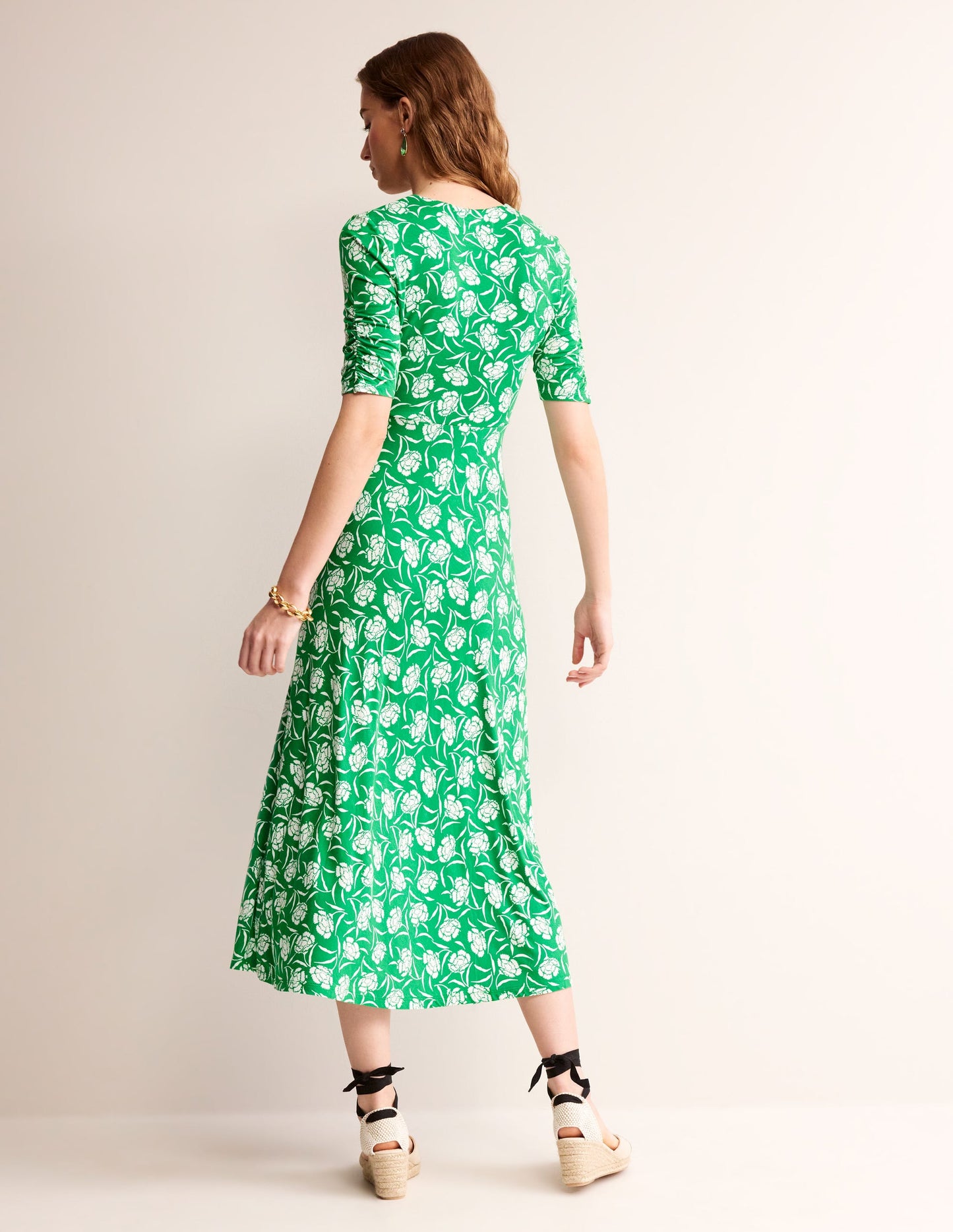 Rebecca Jersey Midi Tea Dress-Green Tambourine, Peony Sprig