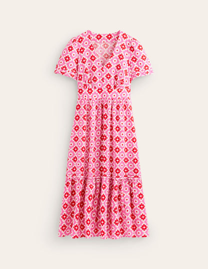 Eve Linen Midi Dress-Pink Power, Geometric Stamp