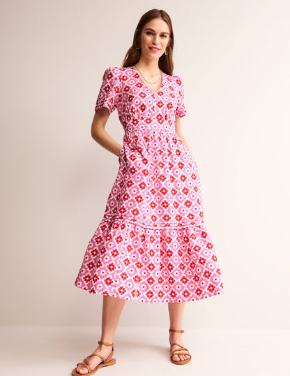 Eve Linen Midi Dress-Pink Power, Geometric Stamp