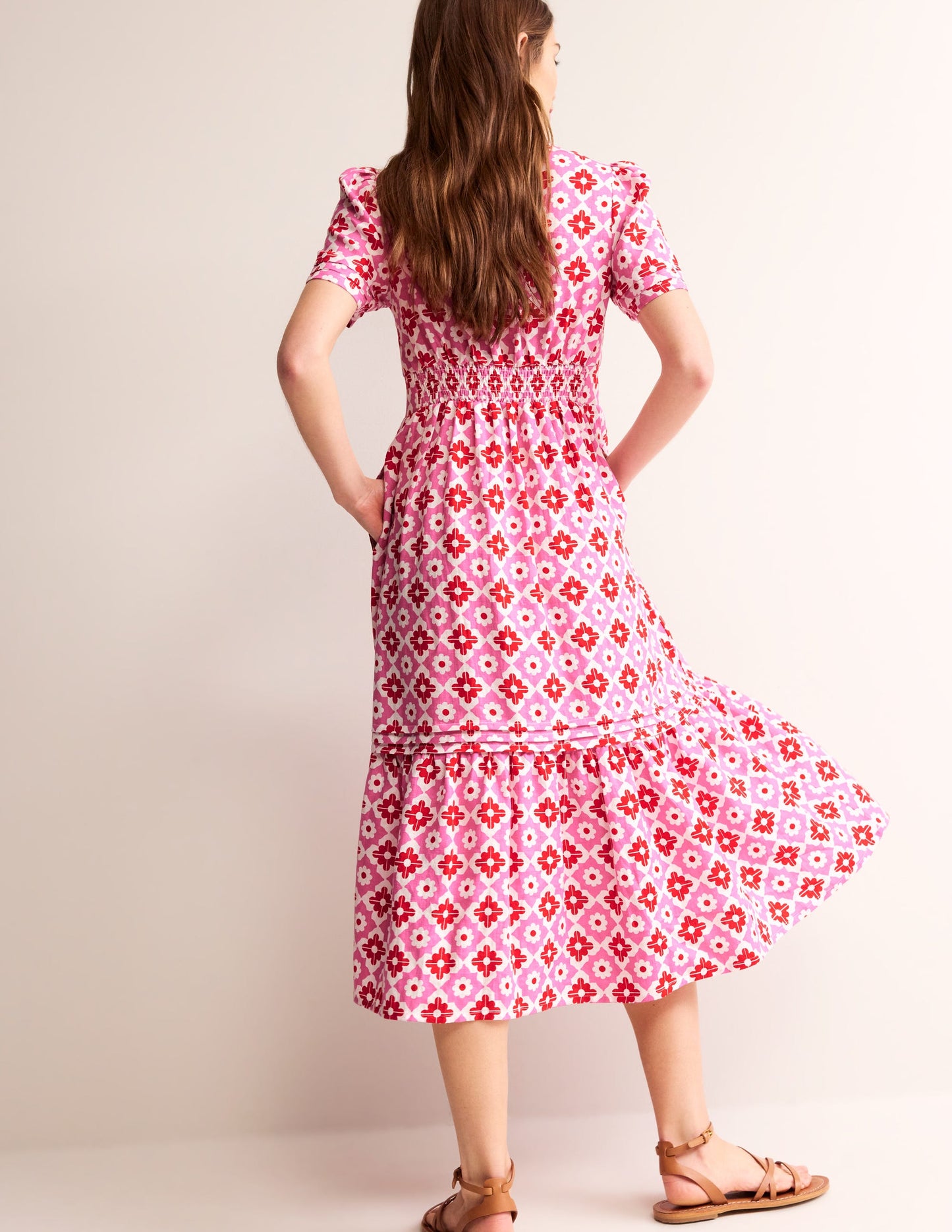 Eve Linen Midi Dress-Pink Power, Geometric Stamp