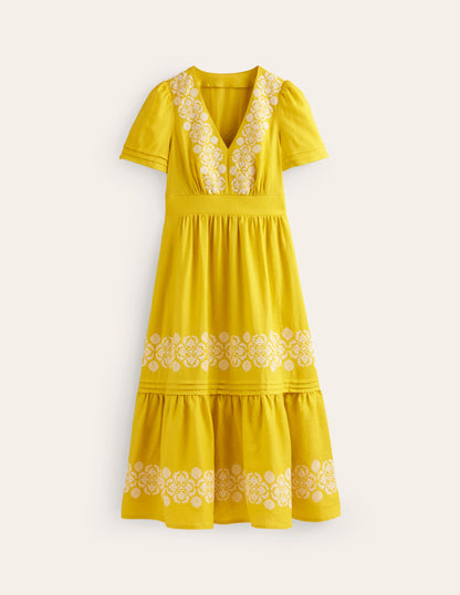 Eve Linen Midi Dress-Passion Fruit Embroidered