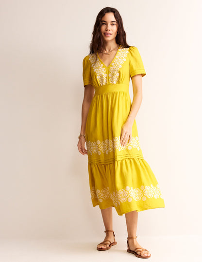 Eve Linen Midi Dress-Passion Fruit Embroidered