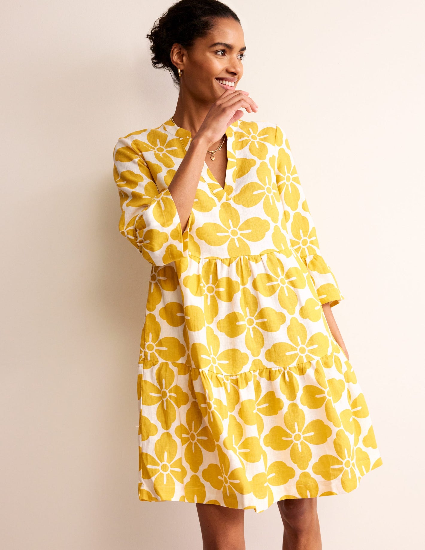 Sophia Linen Short Dress-Ceylon Yellow, Floral Tile