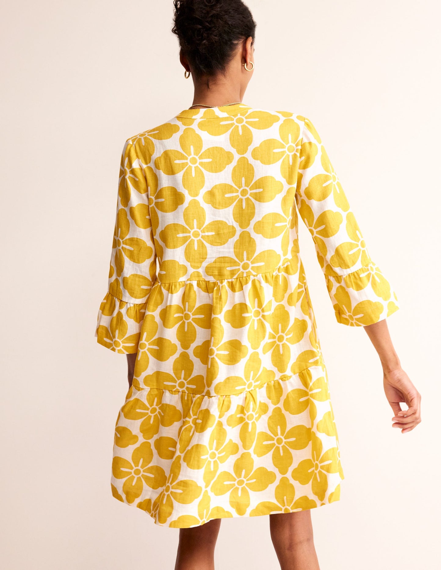 Sophia Linen Short Dress-Ceylon Yellow, Floral Tile