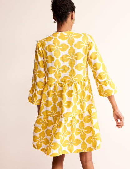 Sophia Linen Short Dress-Ceylon Yellow, Floral Tile