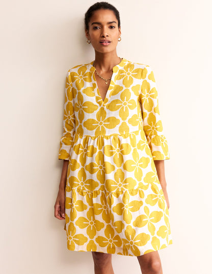 Sophia Linen Short Dress-Ceylon Yellow, Floral Tile