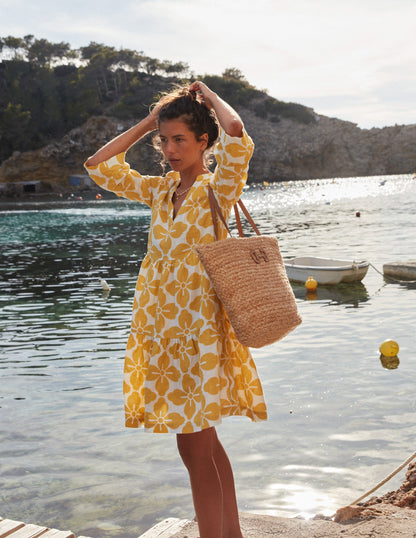 Sophia Linen Short Dress-Ceylon Yellow, Floral Tile