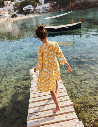 Sophia Linen Short Dress-Ceylon Yellow, Floral Tile