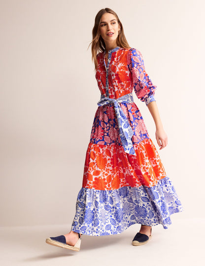 Alba Tiered Cotton Maxi Dress-Firecracker, Gardenia Swirl