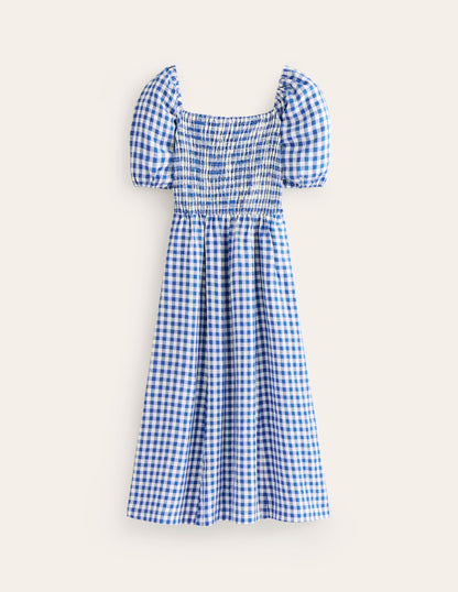 Sky Smocked Linen Midi Dress-Blue Gingham