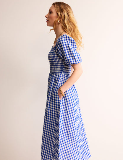 Sky Smocked Linen Midi Dress-Blue Gingham