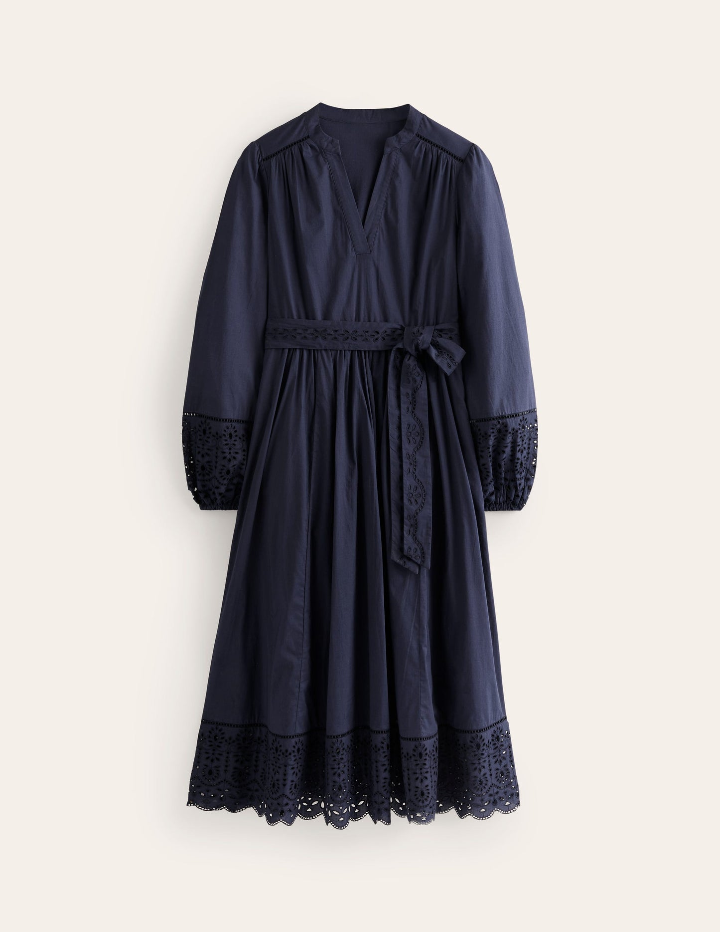 Jen Broderie Cotton Midi Dress-Navy