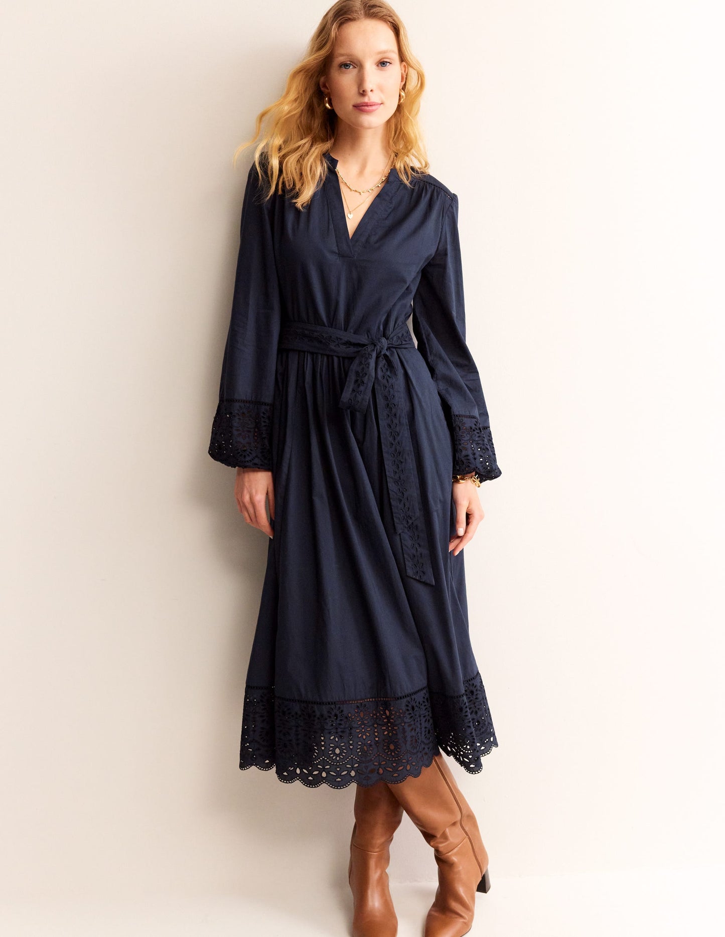 Jen Broderie Cotton Midi Dress-Navy