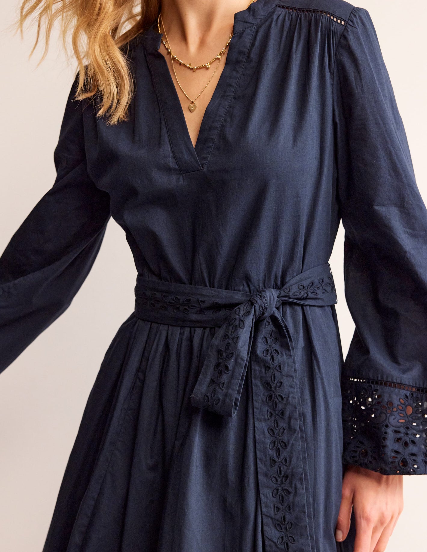 Jen Broderie Cotton Midi Dress-Navy