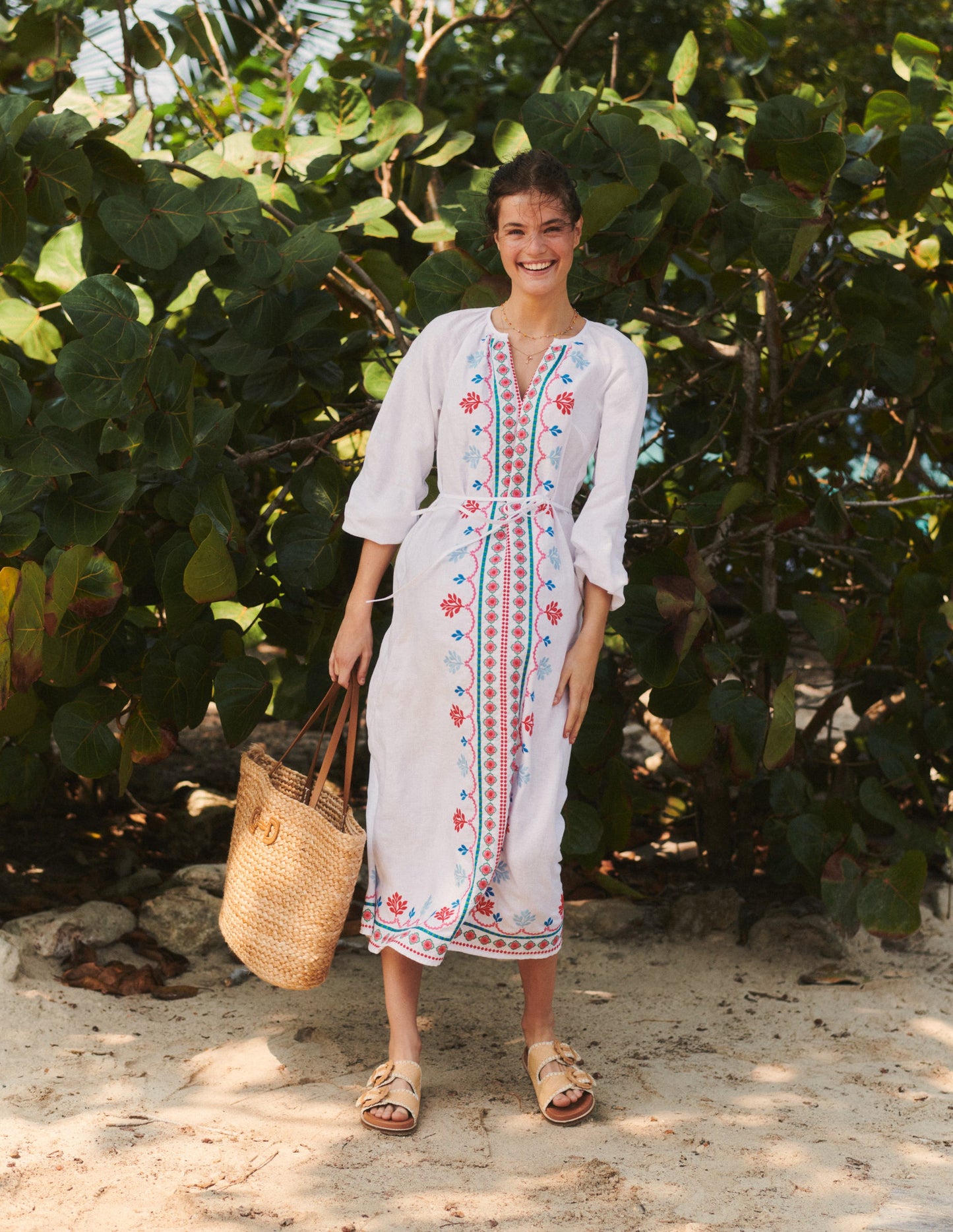 Embroidered Belted Linen Dress-White, Multi