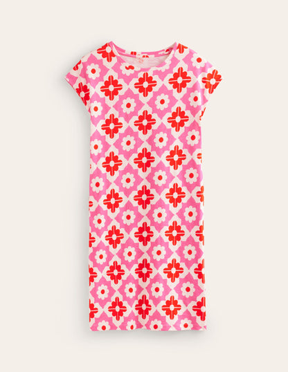 Leah Jersey T-shirt Dress-Pink Power, Geometric Stamp