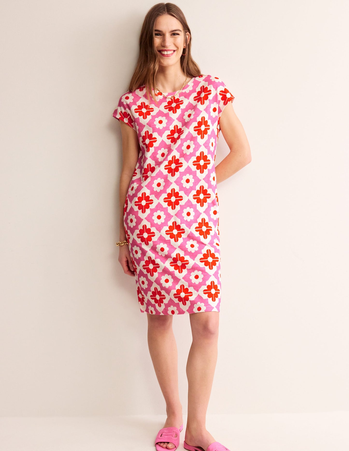 Leah Jersey T-shirt Dress-Pink Power, Geometric Stamp