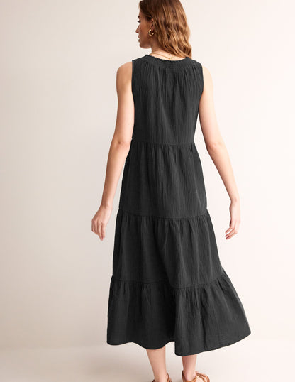 Double Cloth Maxi Tiered Dress-Black