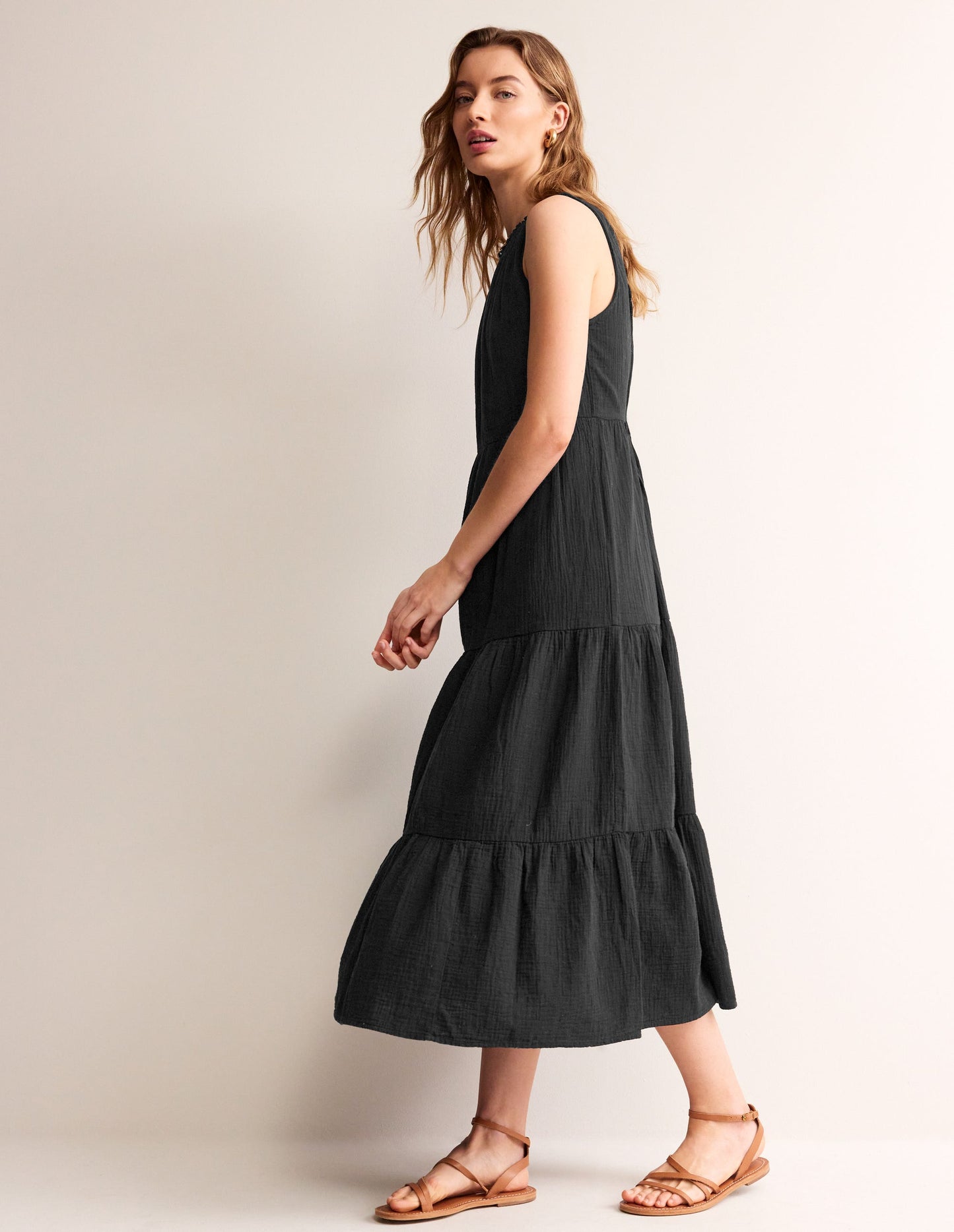 Double Cloth Maxi Tiered Dress-Black