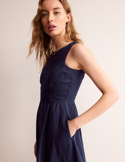 Carla Linen Midi Dress-Navy