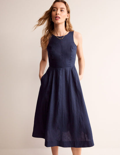 Carla Linen Midi Dress-Navy