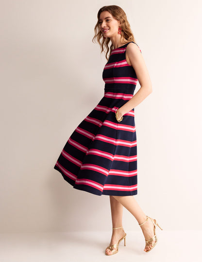 Scarlet Ottoman Ponte Dress-Navy, Red and Pink Stripe