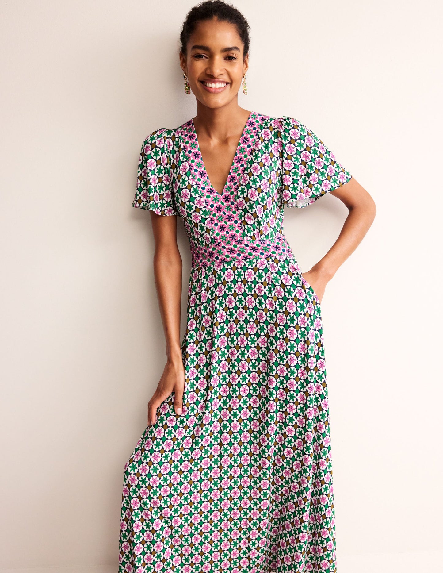 Ellie Flutter Maxi Tea Dress-Multi, Botanic Tile