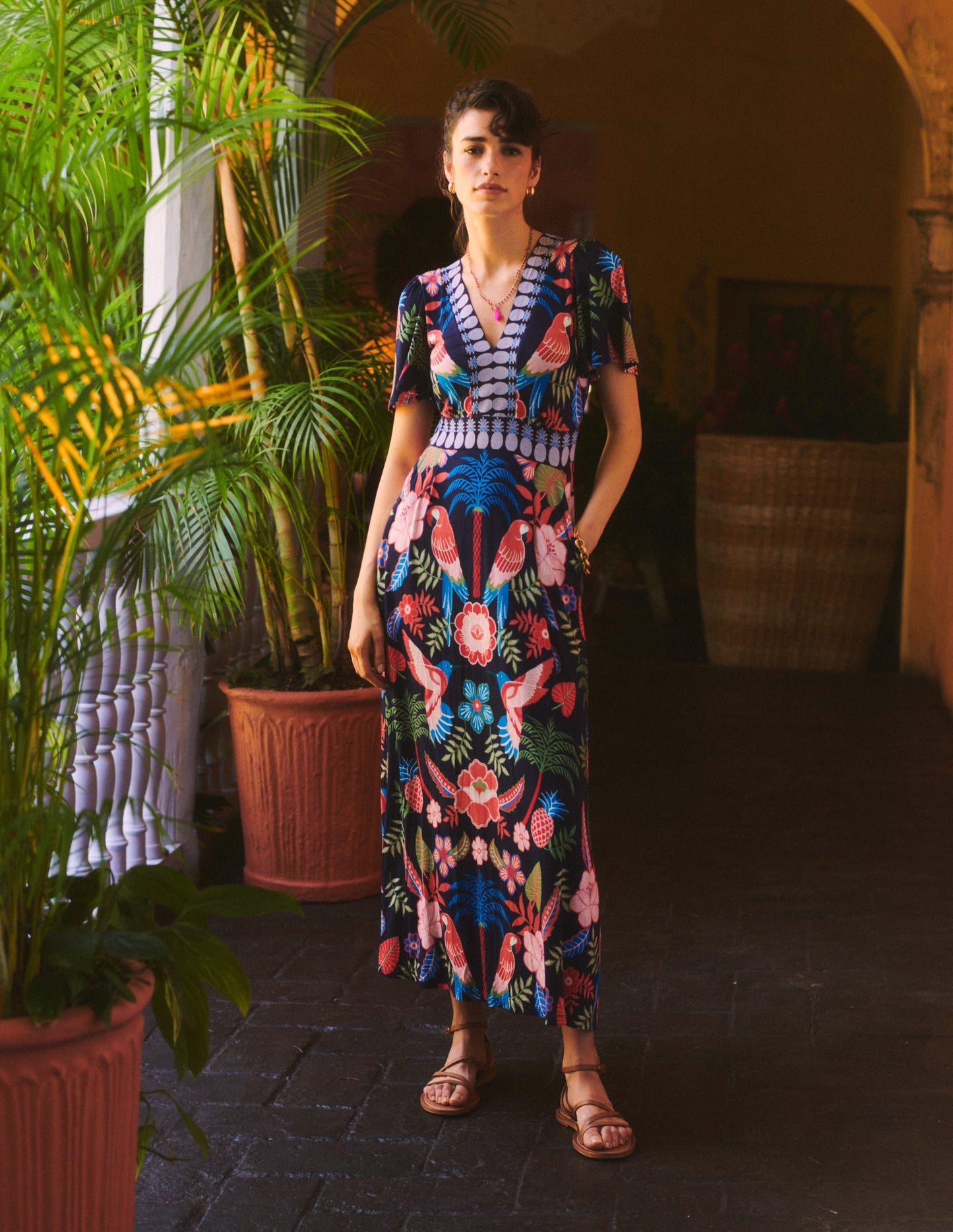 Ellie Flutter Maxi Tea Dress-Multi, Tropic Parrot