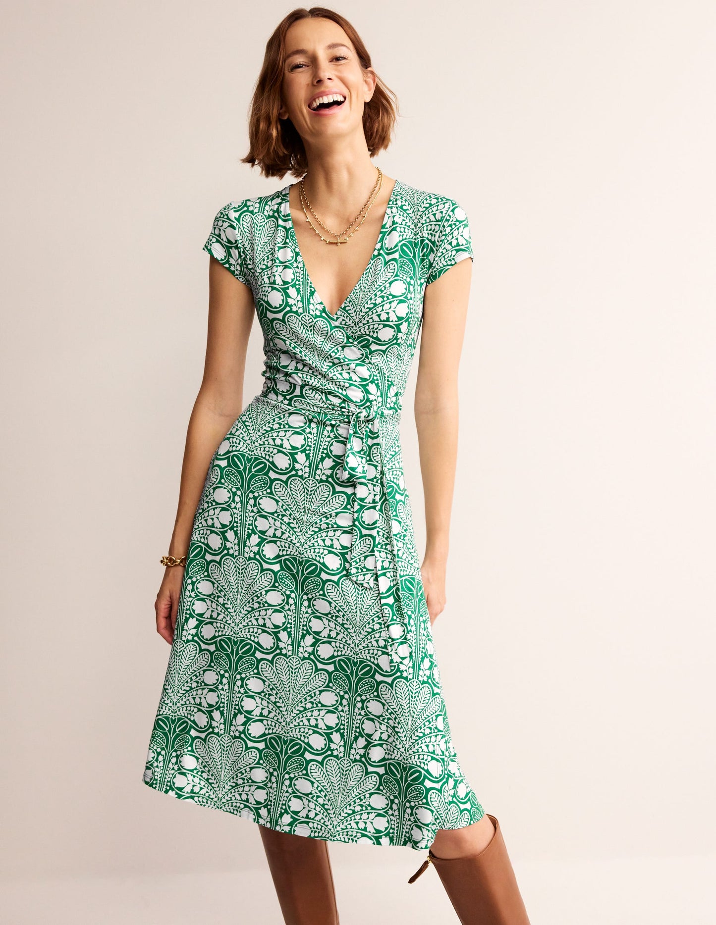 Joanna Cap Sleeve Wrap Dress-Green, Gardenia Swirl