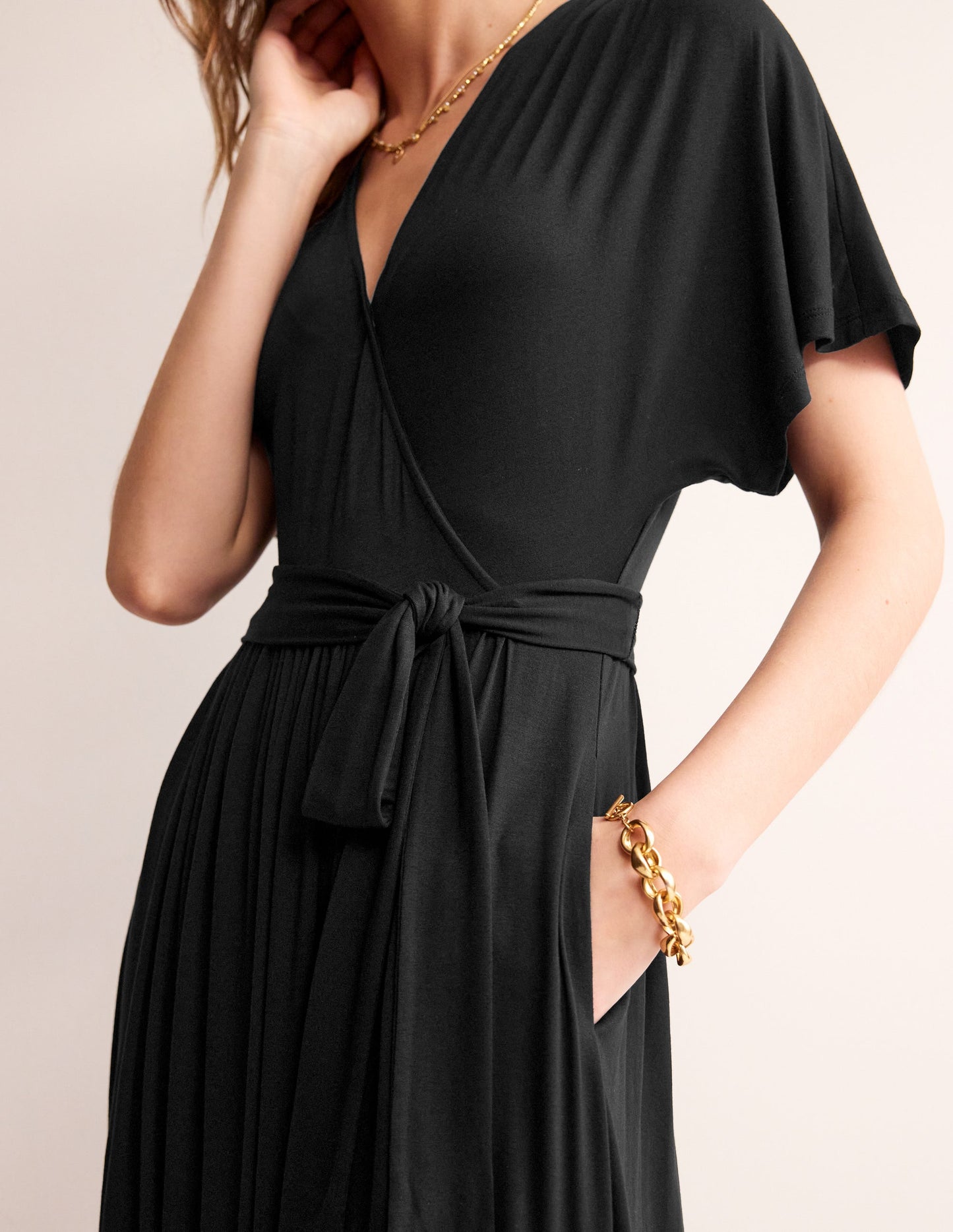 Kimono Wrap Jersey Midi Dress-Black