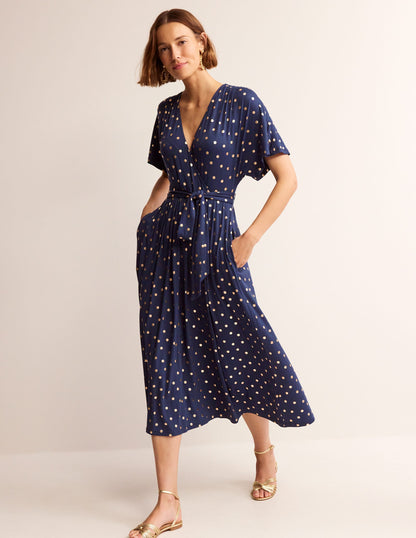 Kimono Wrap Jersey Midi Dress-Navy, Scattered Foil Spot