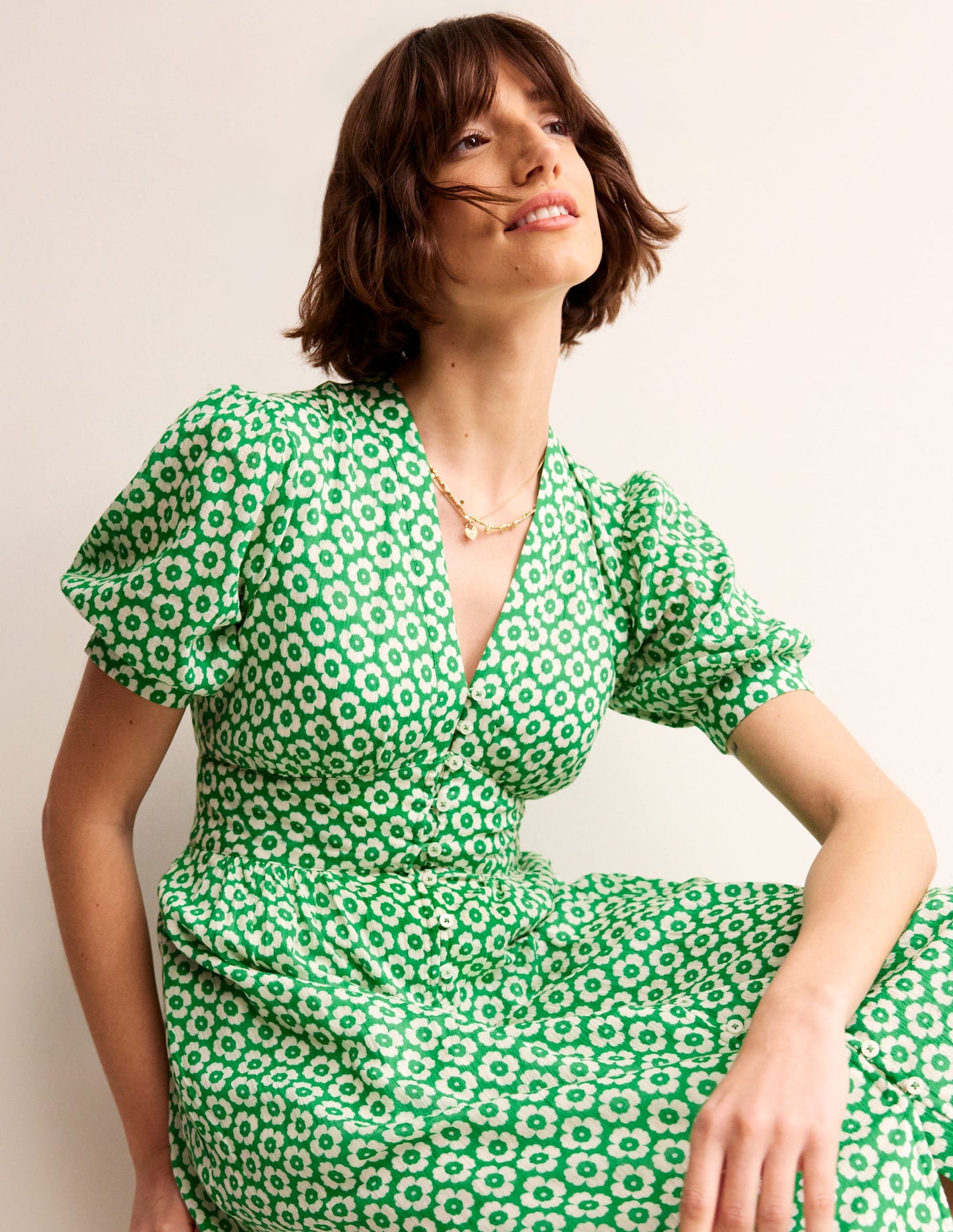 Elsa Crinkle Midi Tea Dress-Green Tambourine, Primrose