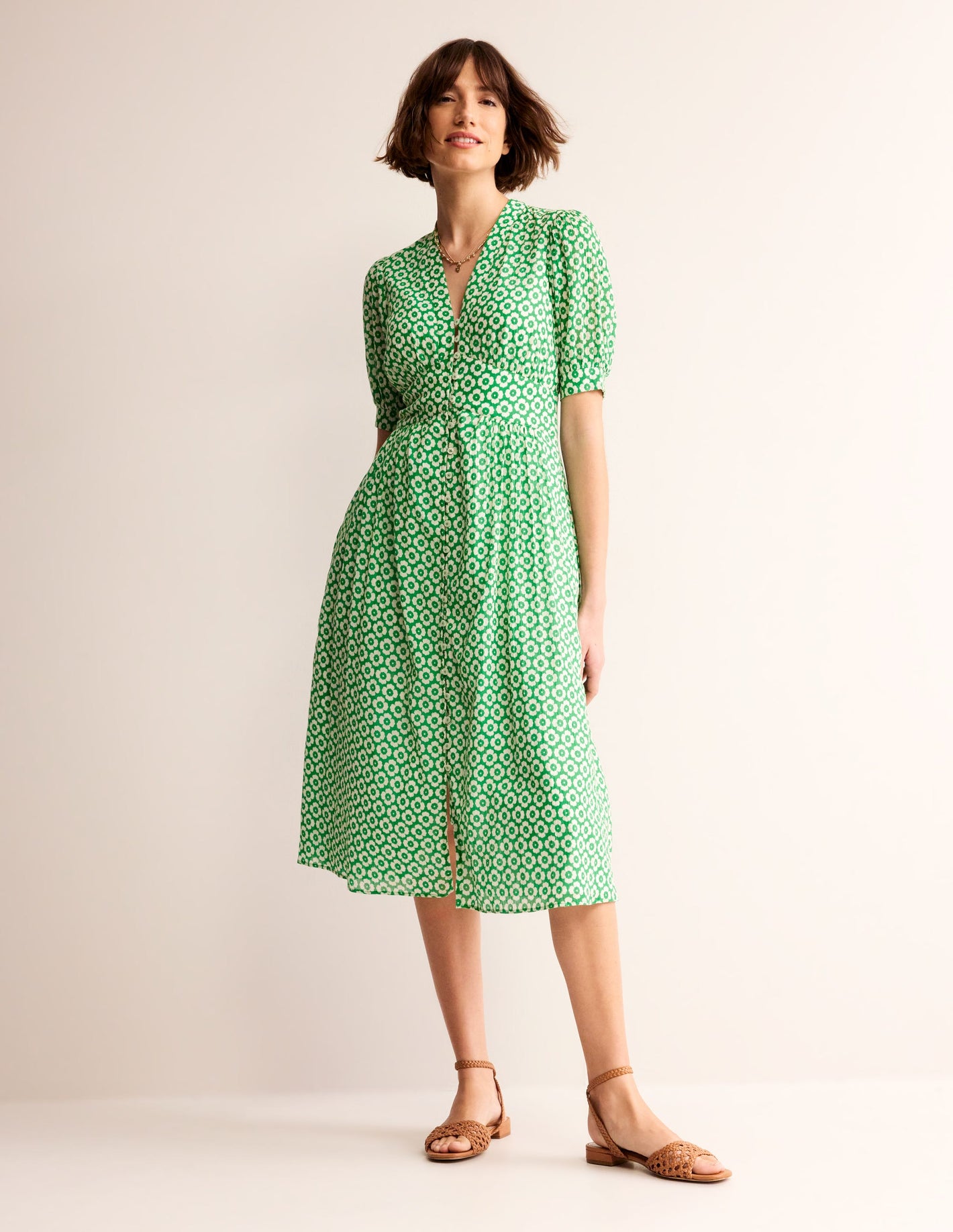 Elsa Crinkle Midi Tea Dress-Green Tambourine, Primrose