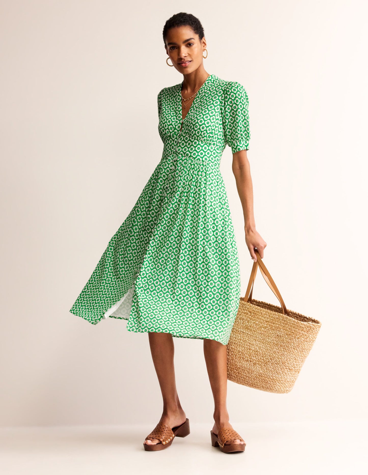 Elsa Crinkle Midi Tea Dress-Green Tambourine, Primrose