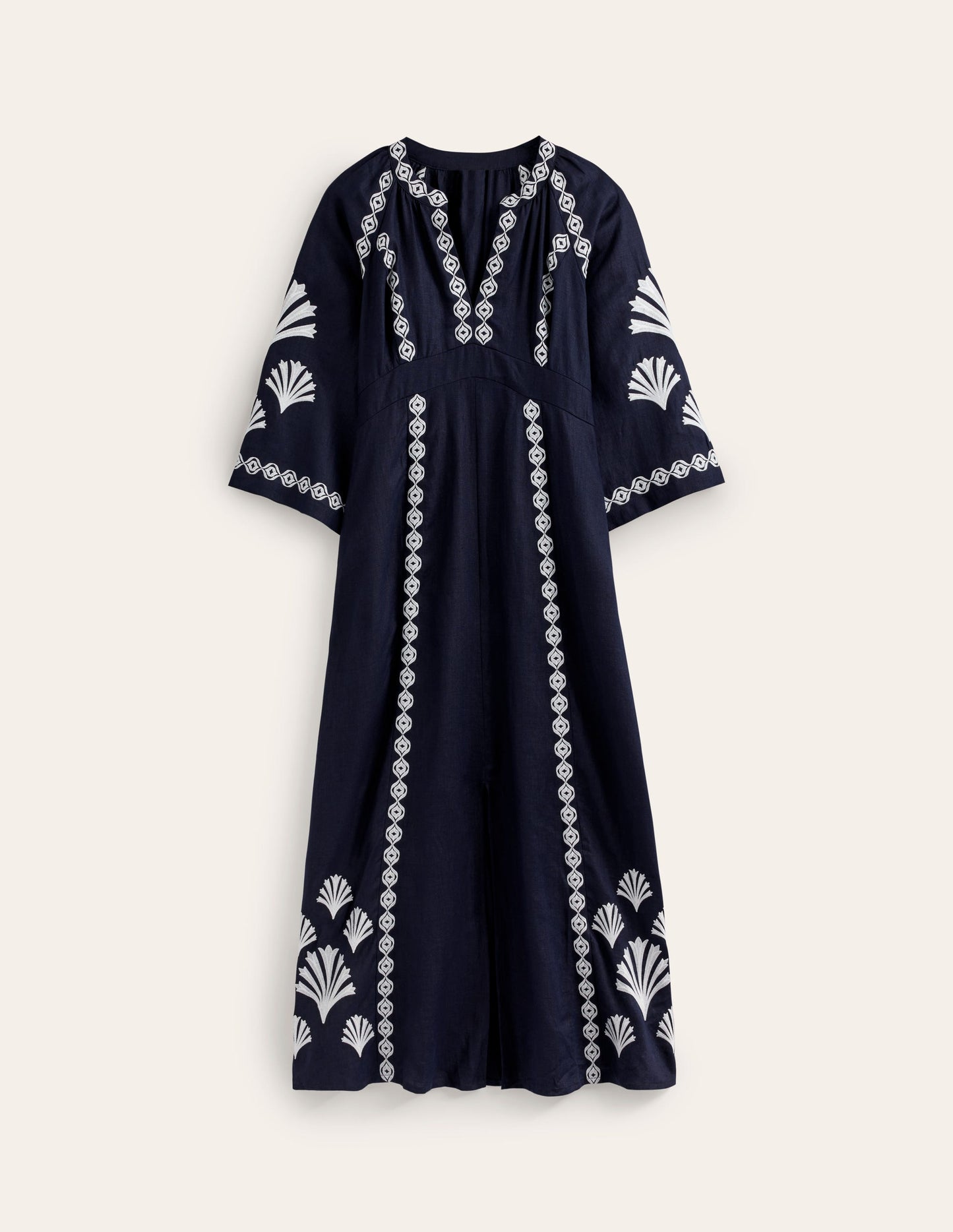 Una Linen Embroidered Dress-Navy