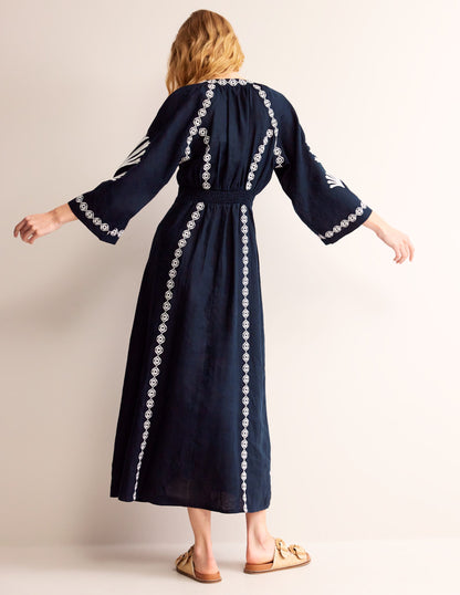 Una Linen Embroidered Dress-Navy