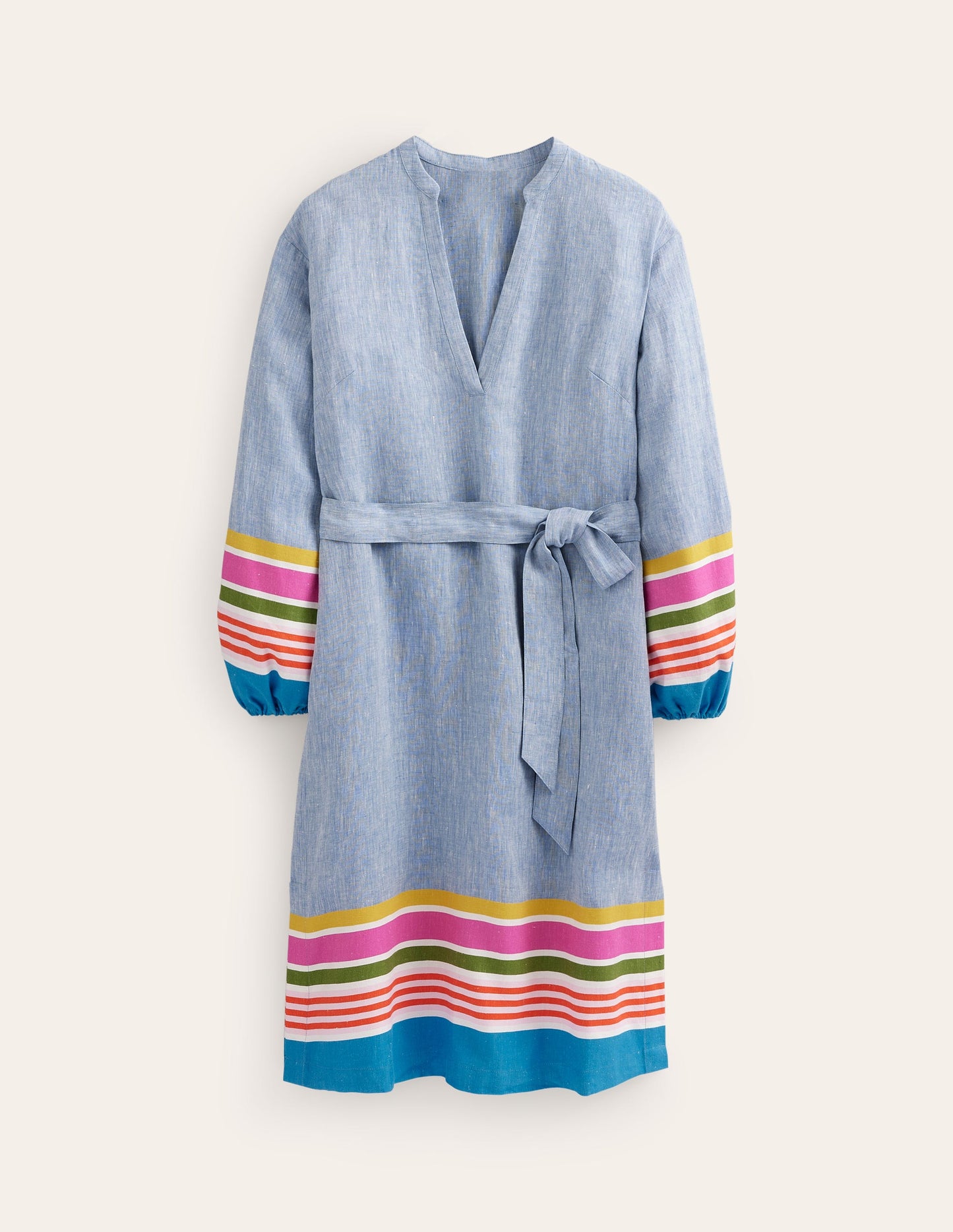 Linen Maxi Notch Neck Dress-Blue and Multistripe