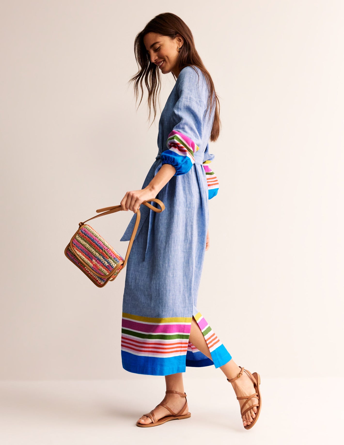 Linen Maxi Notch Neck Dress-Blue and Multistripe