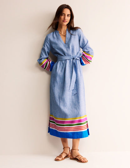 Linen Maxi Notch Neck Dress-Blue and Multistripe