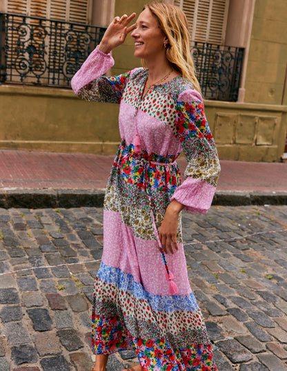 Hotched Blouson Maxi Dress-Multi, Patchwork Bloom