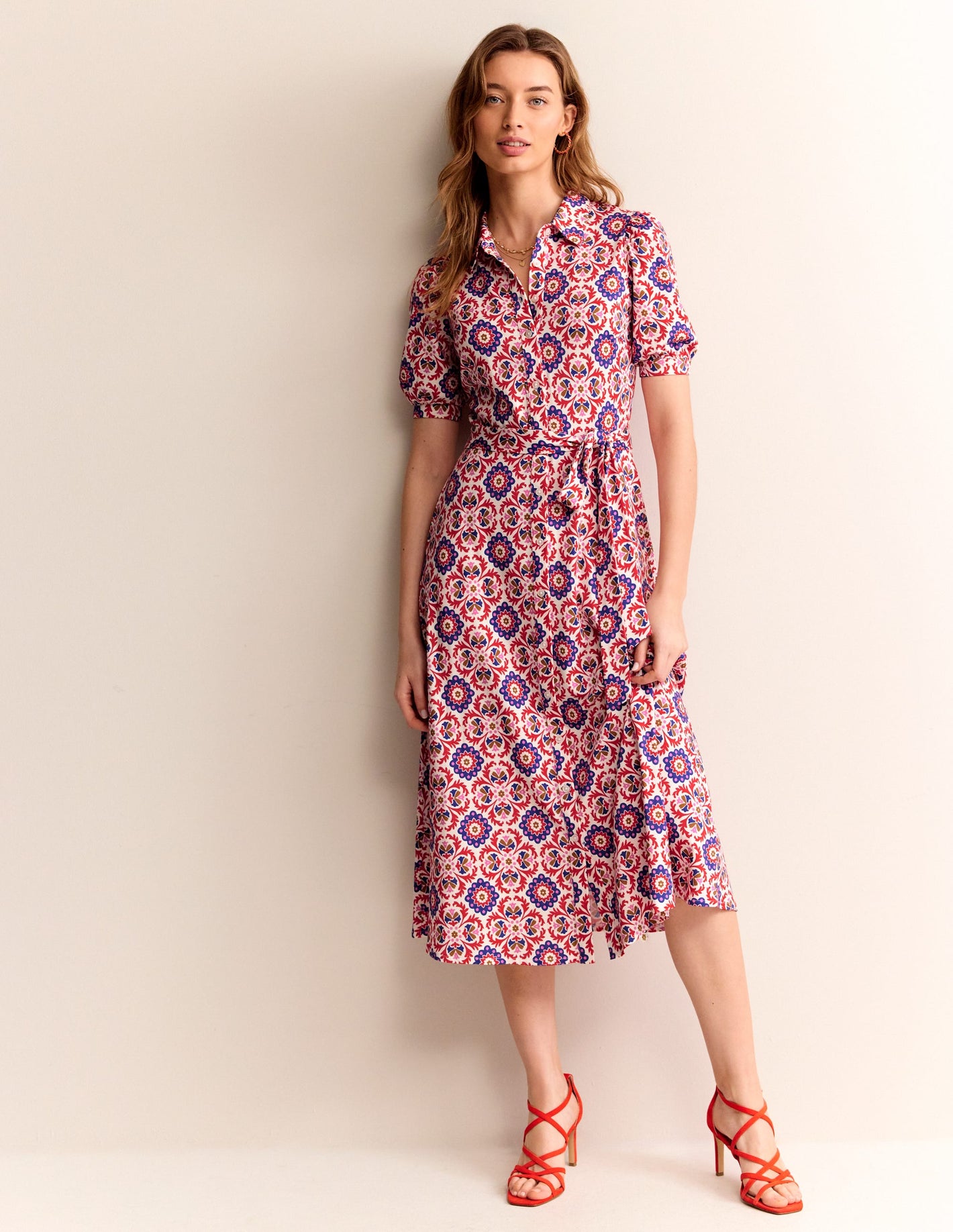 Libby Jersey Midi Shirt Dress-Rubicondo, Mosaic Bloom